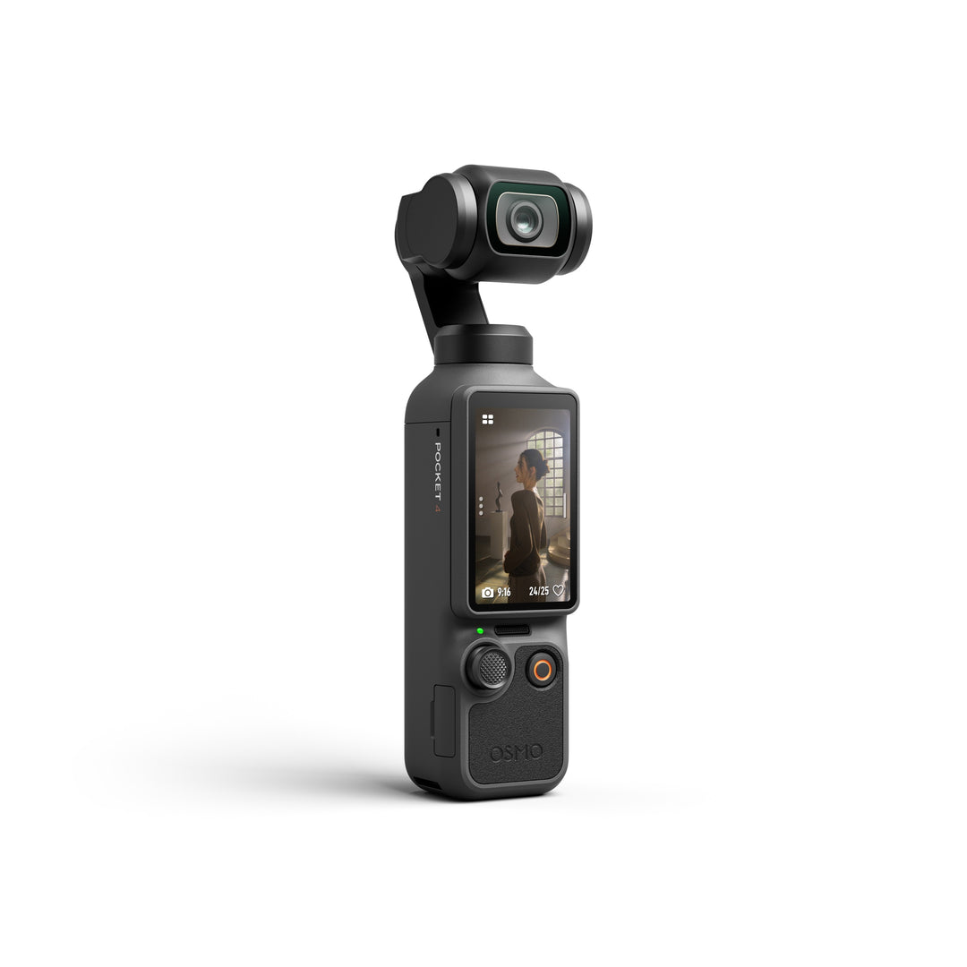 Black handheld camera with screen on a white background