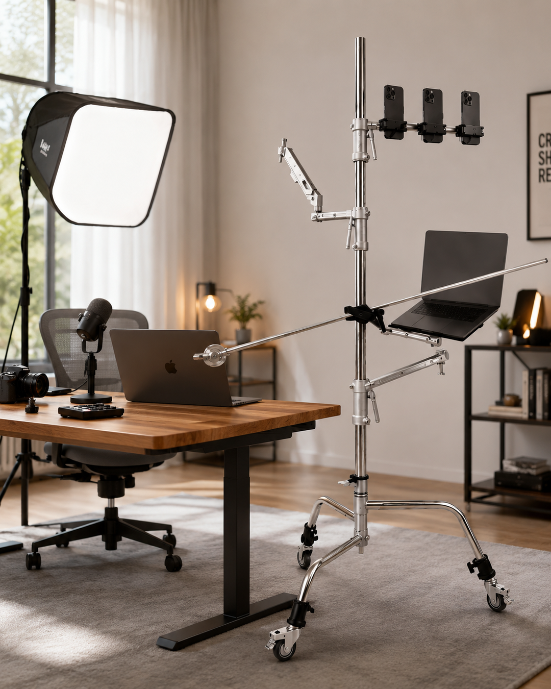 Professional video production setup with camera, microphone, and lighting equipment on a wooden desk.
