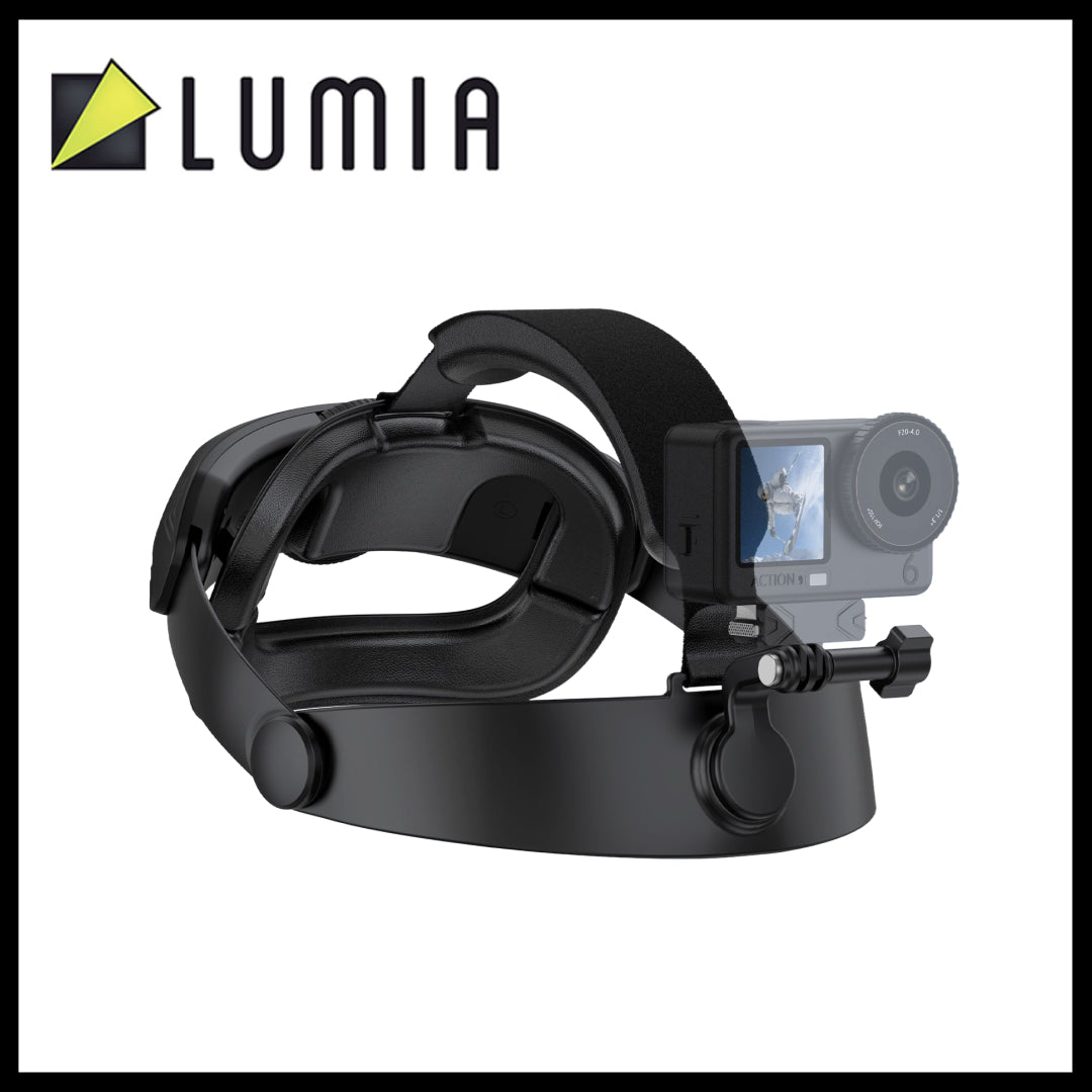 Lumia head strap mount featuring an adjustable design, shown with an action camera attached for hands-free, first-person perspective recording.
