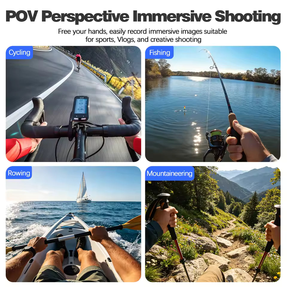 A collage demonstrating POV immersive shooting with a head strap mount, showing hands-free recording during cycling, fishing, rowing, and mountaineering.