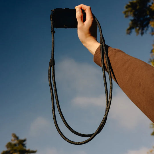 Hand holding a camera with a strap against a blue sky