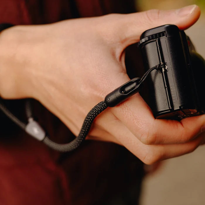 Hand holding a black camera with a mobile cuff against blurred background