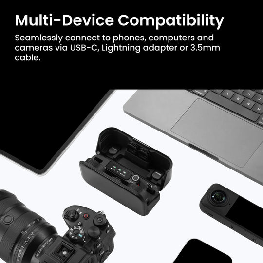 An open wireless microphone charging case containing transmitters and adapters, surrounded by a laptop, tablet, smartphone, mirrorless camera, and action camera.