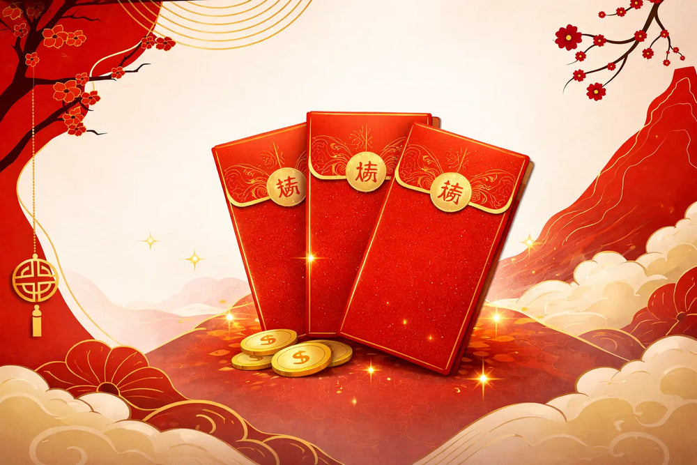 Red envelopes with gold coins on a festive background