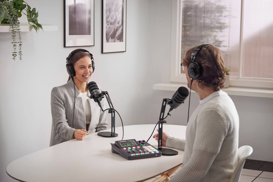 Podcaster With Rode Mircophone Rode Podmic Dynamic Podcasting Microphone USB-C and XLR Microphone Stu ...