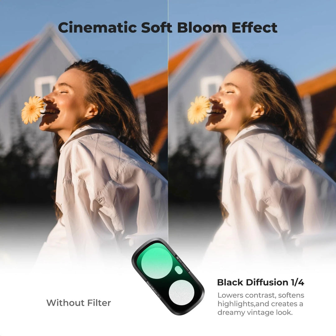 A split comparison graphic showing a woman outdoors with a daisy near her mouth, labeled &