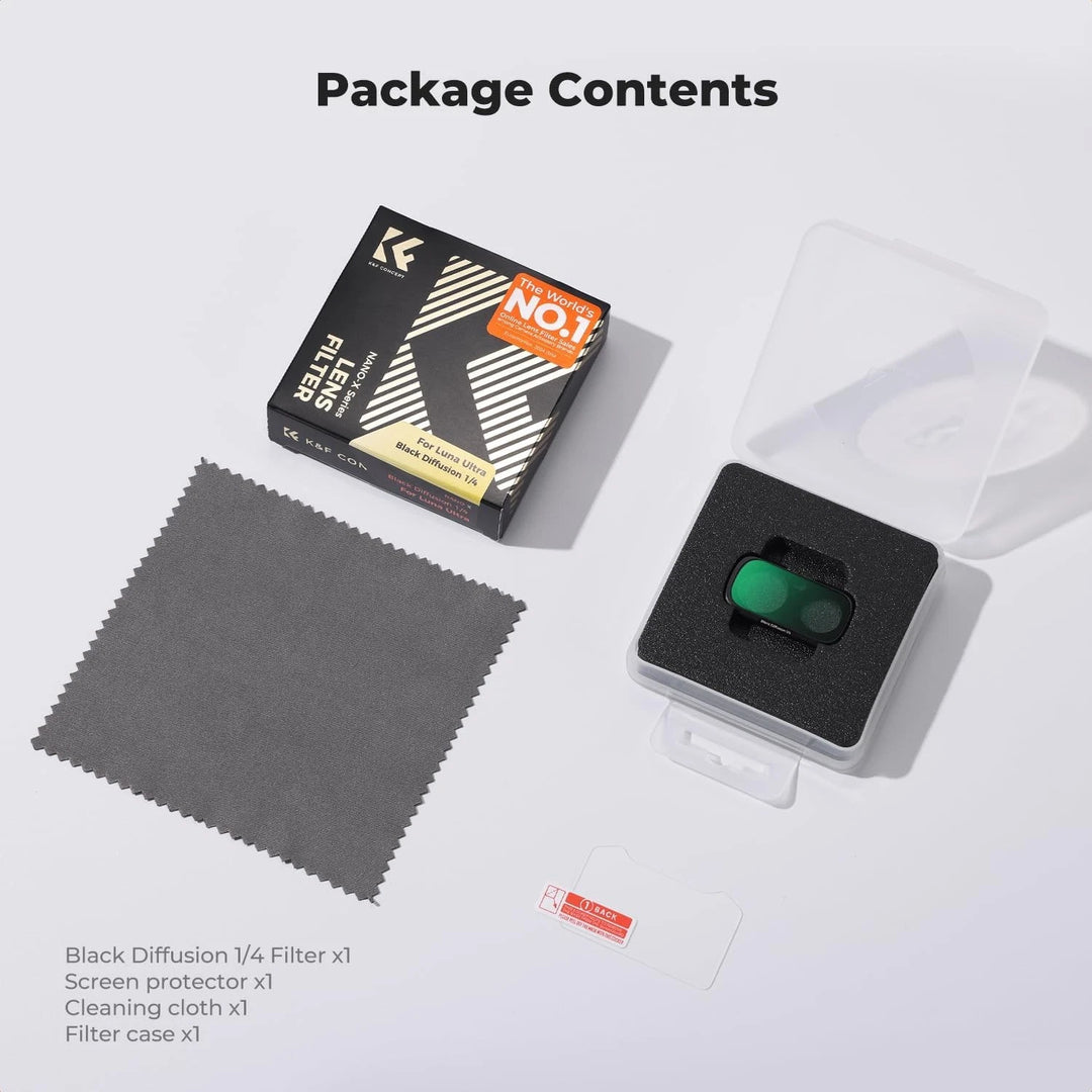 Package contents layout on a light gray background showing a black diffuser filter box, a gray cleaning cloth, a clear filter case with a green-tinted lens protector, and a small screen protector. Text at top reads &