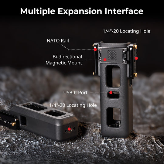 Infographic titled "Multiple Expansion Interface" detailing the SmallRig 6006 Cage for DJI Osmo Pocket 4 and 3, highlighting NATO rails, 1/4"-20 locating holes, a bi-directional magnetic mount, and USB-C port access.