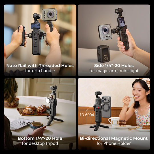 Four-panel infographic demonstrating shooting setups for the SmallRig 6006 Cage, including dual NATO rail grips, side 1/4"-20 accessory mounting, a bottom desktop tripod setup, and a bi-directional magnetic phone holder mount.