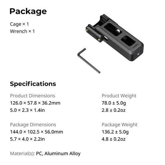 Infographic displaying package contents and specifications for the SmallRig 6006 Cage for DJI Osmo Pocket 4 and 3, including cage, wrench, dimensions (126.0 x 57.8 x 36.2mm), weight (78.0g), and PC with aluminum alloy materials.