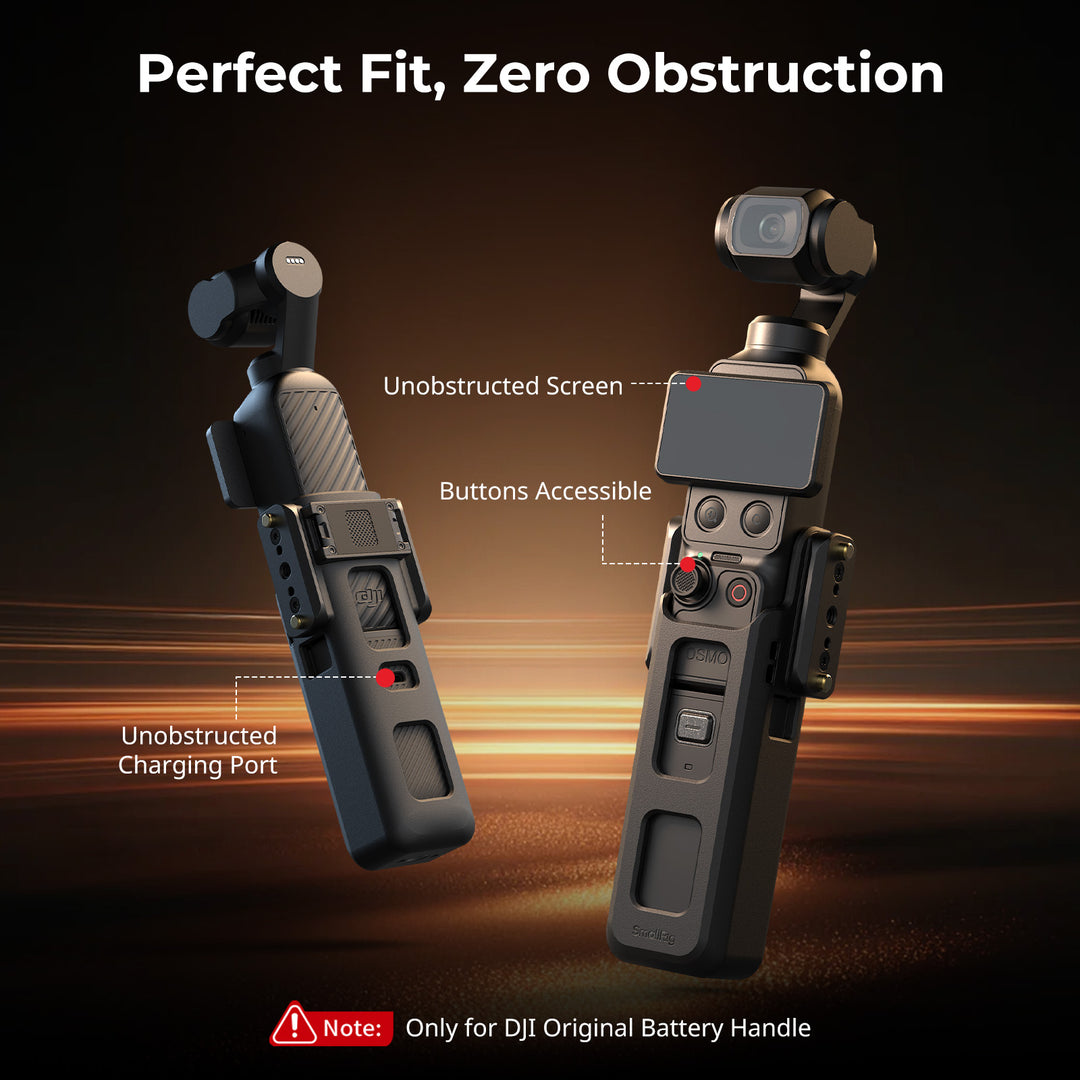 Infographic titled "Perfect Fit, Zero Obstruction" illustrating the SmallRig 6006 Cage mounted on a DJI Osmo Pocket camera, highlighting unblocked screen rotation, accessible buttons, and full access to the charging port.