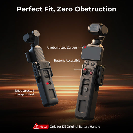 Infographic titled "Perfect Fit, Zero Obstruction" illustrating the SmallRig 6006 Cage mounted on a DJI Osmo Pocket camera, highlighting unblocked screen rotation, accessible buttons, and full access to the charging port.
