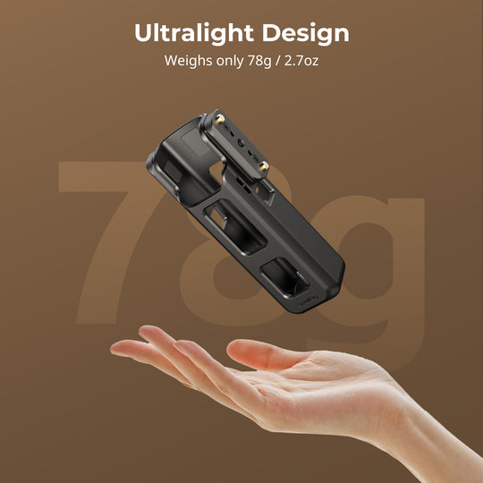 Promo graphic titled "Ultralight Design" showing the SmallRig 6006 Cage for DJI Osmo Pocket 4 and 3 floating above an open hand to highlight its 78g (2.7oz) weight.