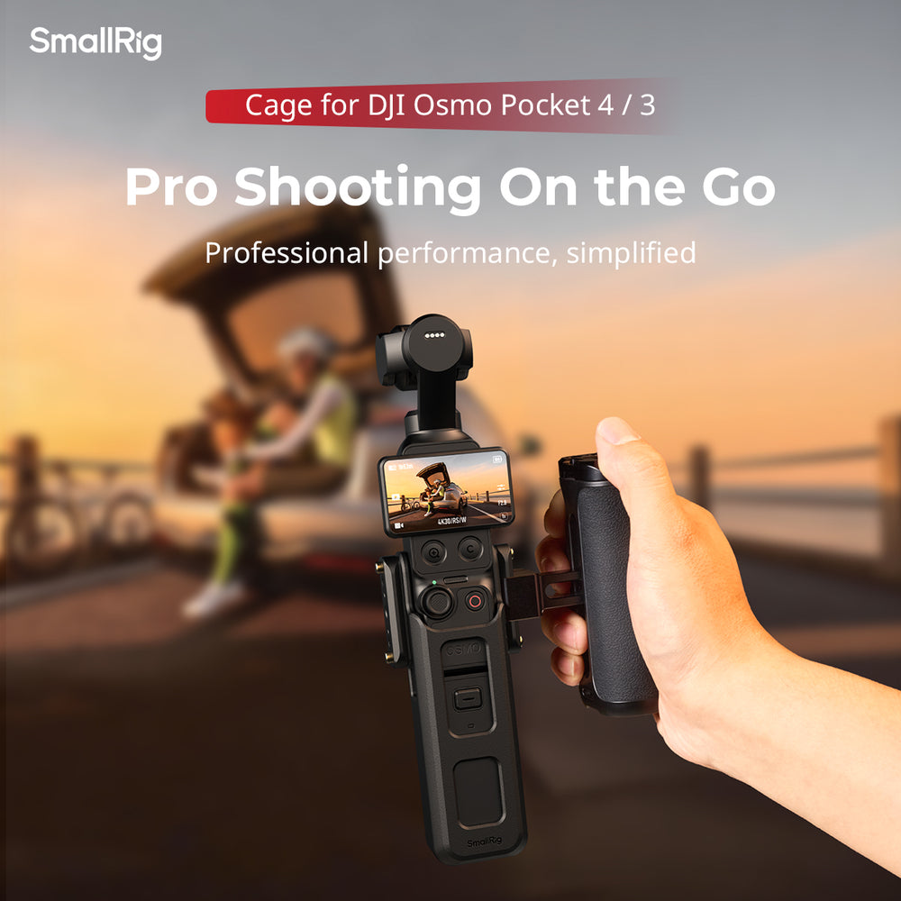 Promo graphic titled "Pro Shooting On the Go" showing a hand holding the SmallRig Extended Cage for DJI Osmo Pocket 4 and Pocket 3 with a side handle attached outdoors during sunset.
