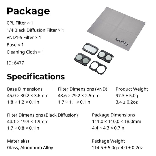 SmallRig 6477 filter kit package list and specifications chart detailing dimensions, materials, and weight.