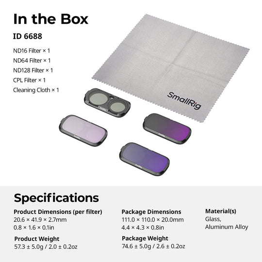 SmallRig ID 6688 Base Filter Kit box contents including ND16, ND64, ND128, CPL filters, cleaning cloth, and product specifications.