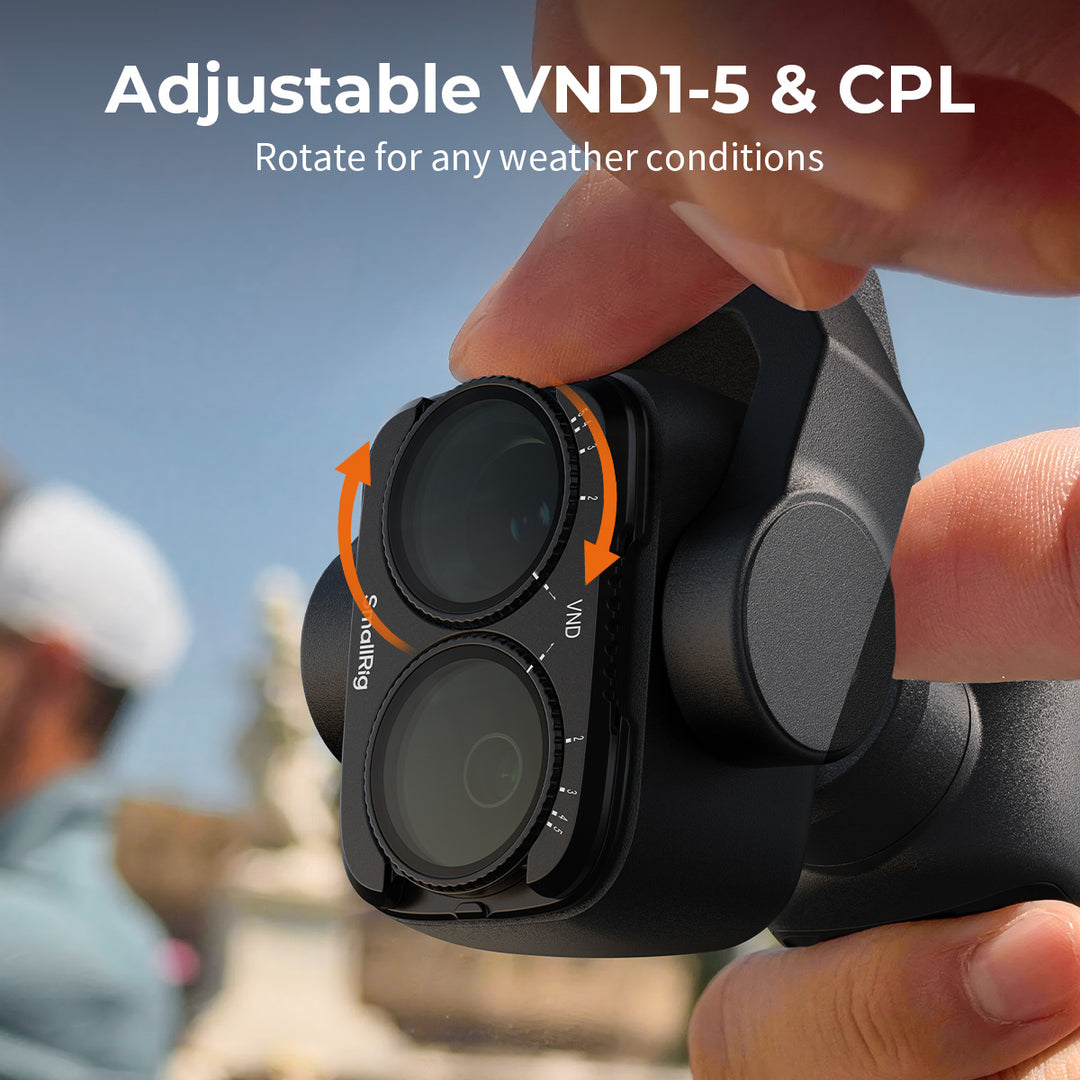 Close-up of rotating the SmallRig adjustable VND 1-5 &amp; CPL filter ring on DJI Osmo Pocket 4P.
