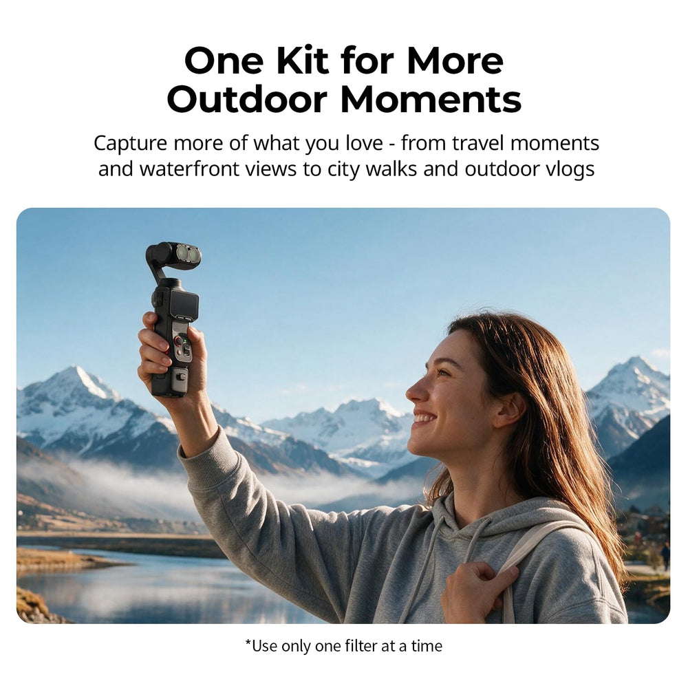 Woman vlogging outdoors using SmallRig Base Filter Kit mounted on Insta360 Luna Ultra camera.