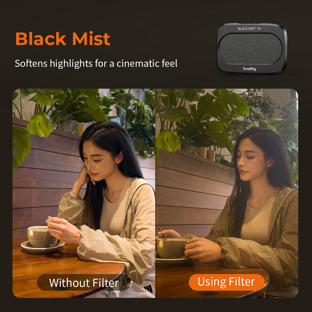 Side-by-side comparison showing the soft highlight effect of the SmallRig Black Mist 1/4 filter for DJI Osmo Pocket 4P.