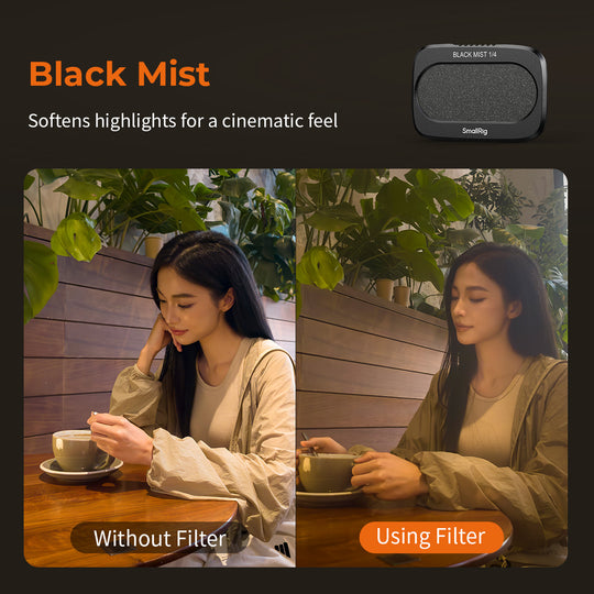 Side-by-side comparison showing the soft highlight effect of the SmallRig Black Mist 1/4 filter for DJI Osmo Pocket 4P.