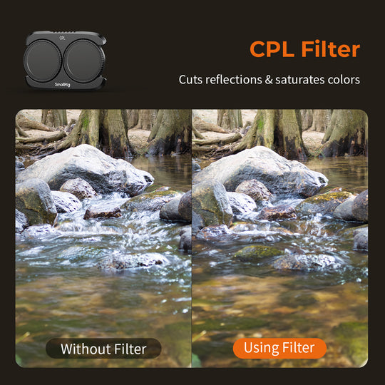Before and after comparison showing reduced water reflections with the SmallRig CPL Filter for DJI Osmo Pocket 4P.