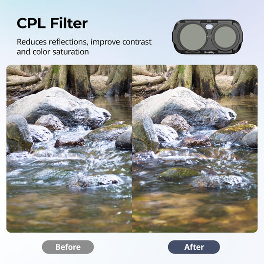 Before and after comparison showing glare reduction and enhanced color saturation using SmallRig CPL filter on Insta360 Luna Ultra.