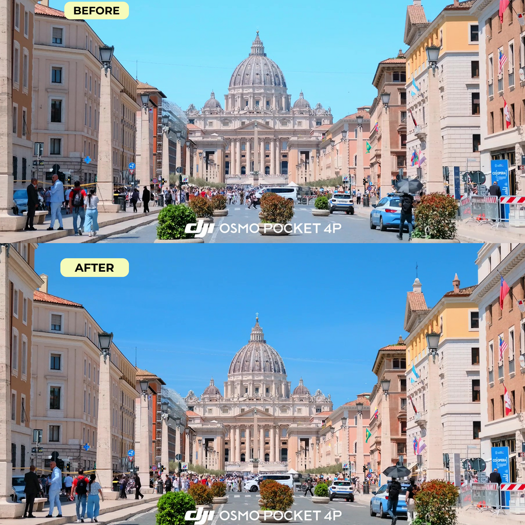 Before and after comparison demonstrating exposure control and color enhancement using SmallRig filters on DJI Osmo Pocket 4P.