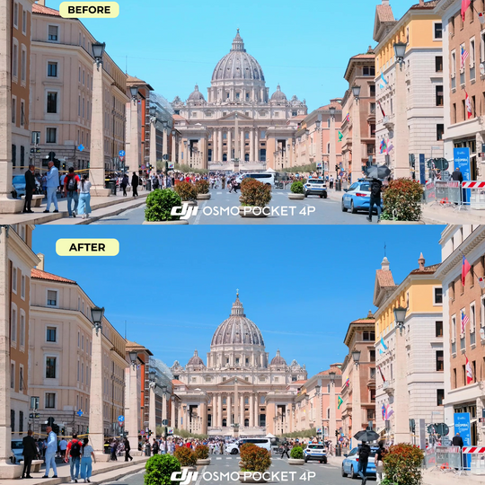 Before and after comparison demonstrating exposure control and color enhancement using SmallRig filters on DJI Osmo Pocket 4P.