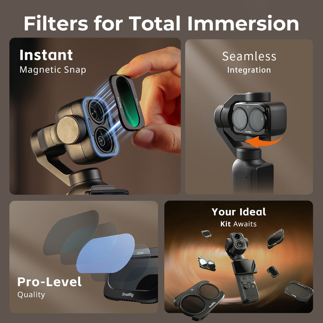 Infographic highlighting magnetic snap attachment, seamless fit, optical coating quality, and filter options for DJI Osmo Pocket 4P.