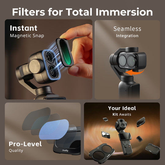 Infographic highlighting magnetic snap attachment, seamless fit, optical coating quality, and filter options for DJI Osmo Pocket 4P.
