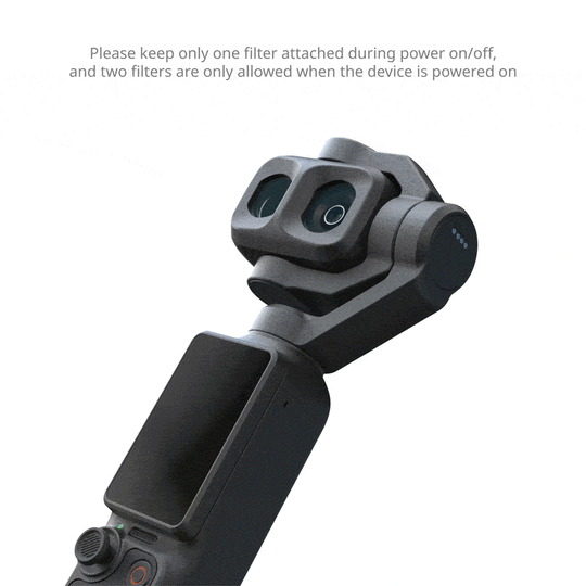SmallRig Black Mist 1/4 filter attached to DJI Osmo Pocket 4P with text guidance on single and dual filter stacking rules.