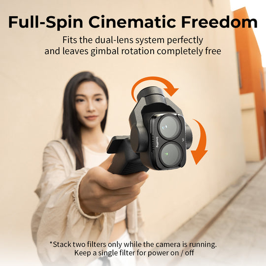 SmallRig filter mounted on DJI Osmo Pocket 4P showing full gimbal rotation clearance for dual-lens system.