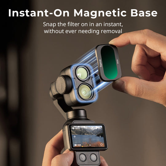 Snapping an ND filter onto the magnetic base of a DJI Osmo Pocket 4P dual-lens camera.