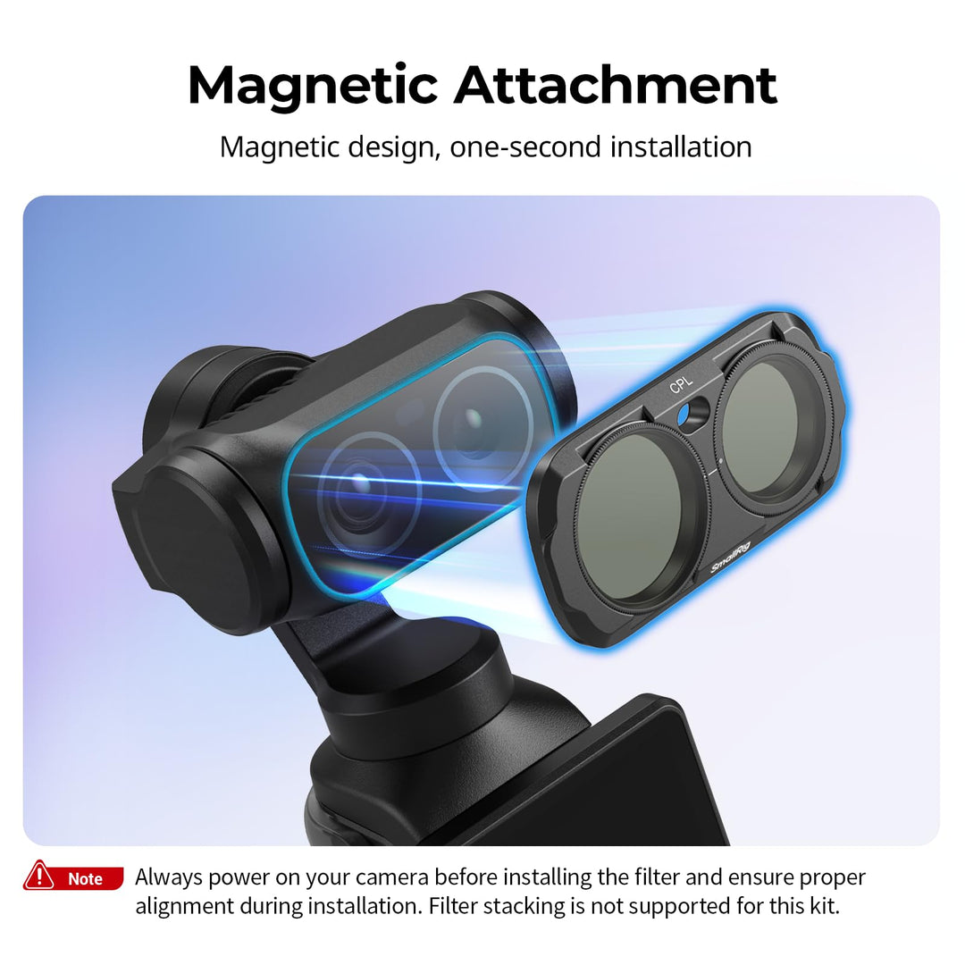 Graphic demonstrating quick magnetic attachment of a CPL filter to the Insta360 Luna Ultra dual-lens unit.