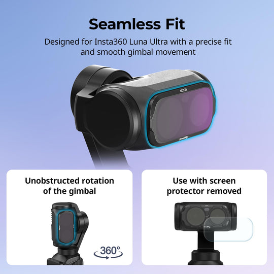 Infographic showing seamless fit, 360-degree gimbal clearance, and screen protector usage note for SmallRig filters on Insta360 Luna Ultra.