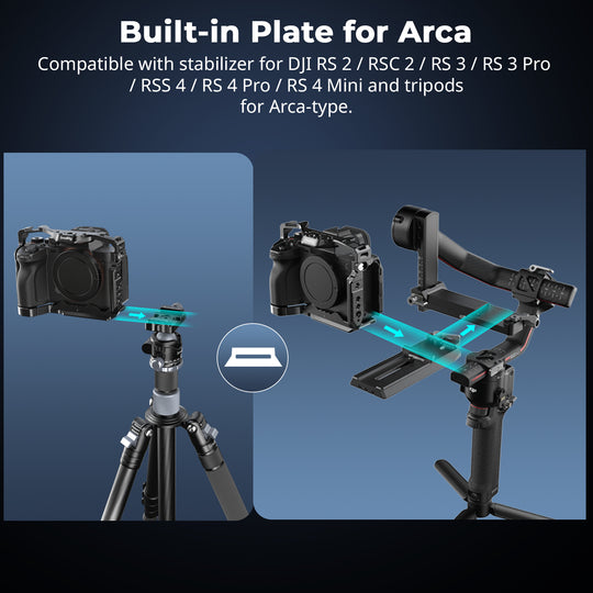 Diagram illustrating the integrated Arca-Swiss quick-release baseplate mounting seamlessly onto tripods and DJI RS gimbals.