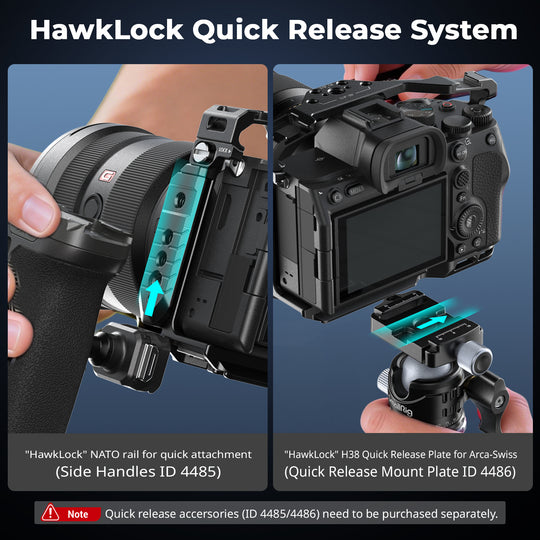 Diagram illustrating the integrated Arca-Swiss quick-release baseplate mounting seamlessly onto tripods and DJI RS gimbals.