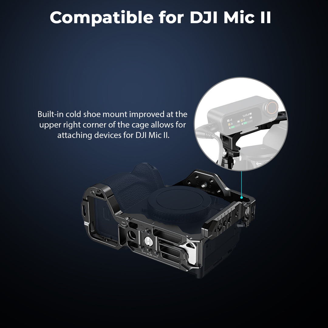 SmallRig full camera cage for Sony Alpha series highlighting built-in top-right cold shoe mount compatibility with DJI Mic II.