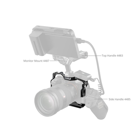 Product diagram illustrating SmallRig Sony full camera cage rigged with top handle 4483, monitor mount 4487, and side handle 4485.
