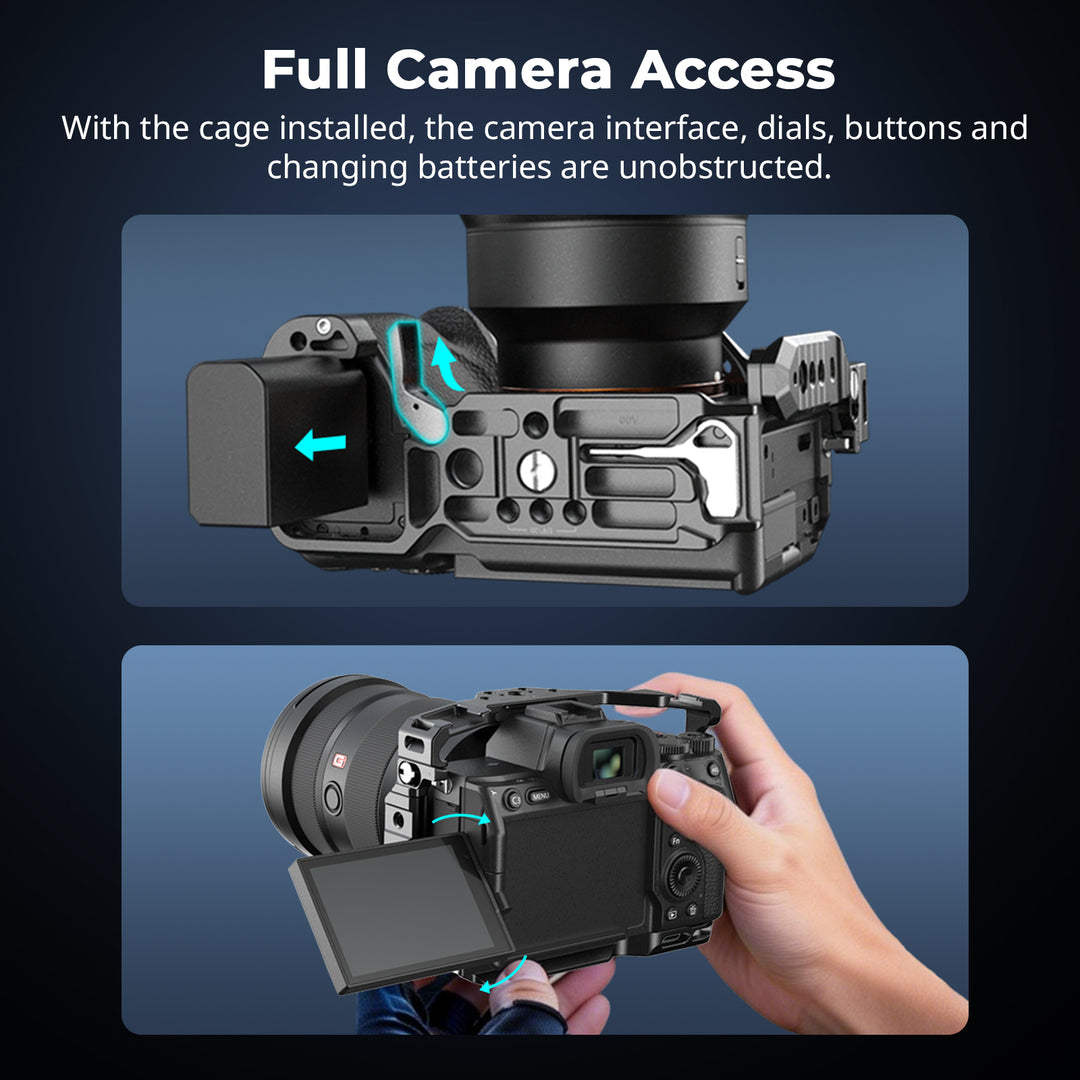 Diagram showcasing unobstructed battery door access and full flip-screen movement with SmallRig full cage mounted on Sony camera.
