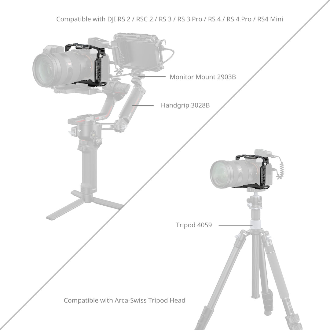 Diagram showing SmallRig Sony camera cage mounted on DJI RS series gimbals with monitor mount 2903B and handgrip 3028B, alongside Arca-Swiss tripod 4059 setup.