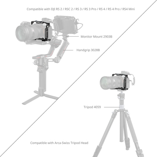 Diagram showing SmallRig Sony camera cage mounted on DJI RS series gimbals with monitor mount 2903B and handgrip 3028B, alongside Arca-Swiss tripod 4059 setup.