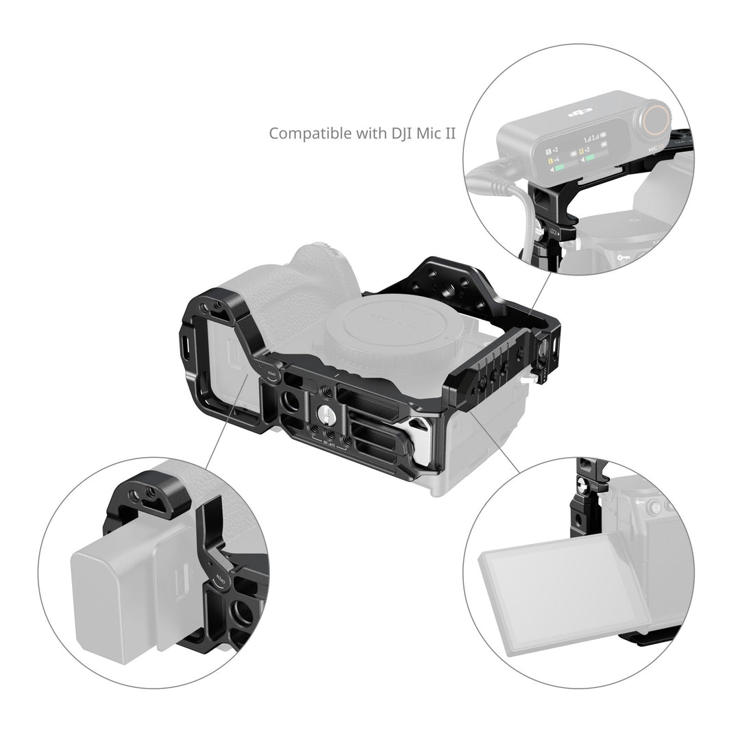 Overview diagram showcasing SmallRig Sony full cage features including DJI Mic II cold shoe mounting, quick battery replacement, and flip-screen clearance.