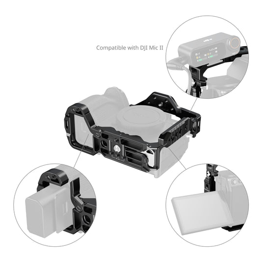 Overview diagram showcasing SmallRig Sony full cage features including DJI Mic II cold shoe mounting, quick battery replacement, and flip-screen clearance.
