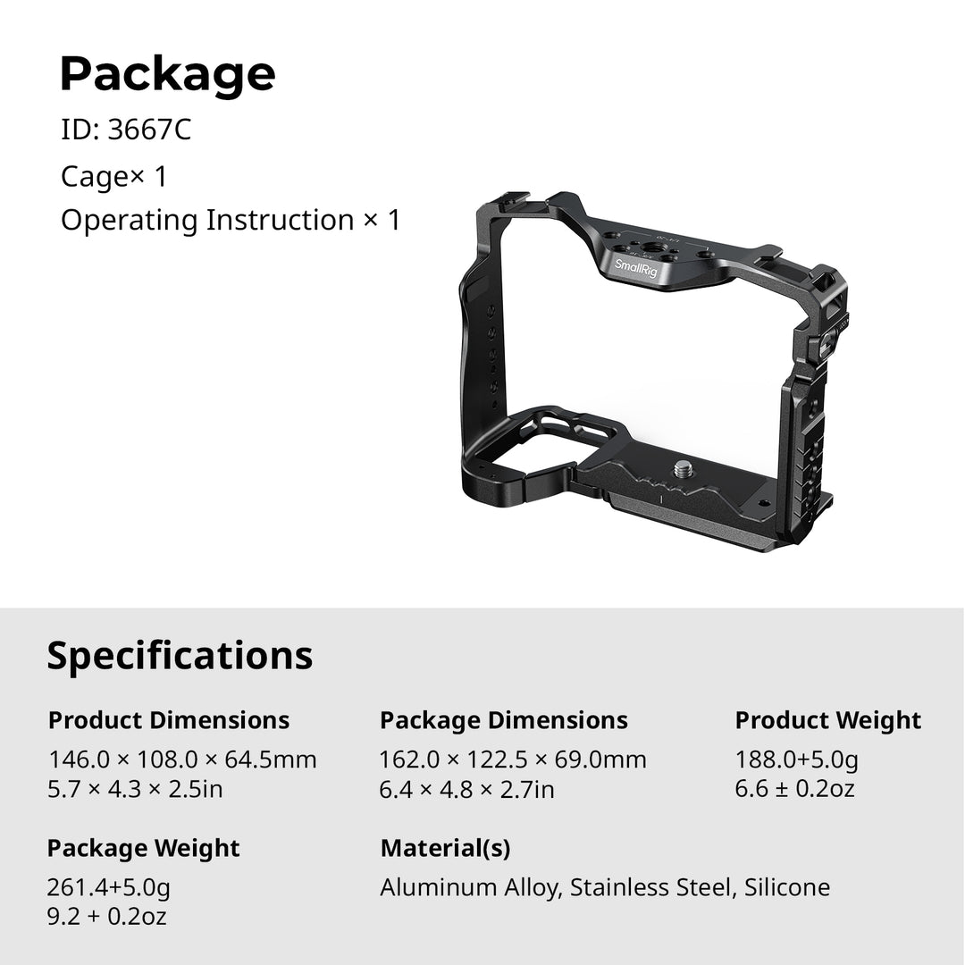 Specification sheet detailing package contents and dimensions for SmallRig Full Camera Cage ID 3667C for Sony Alpha series cameras.