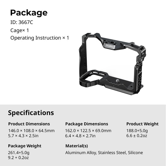 Specification sheet detailing package contents and dimensions for SmallRig Full Camera Cage ID 3667C for Sony Alpha series cameras.