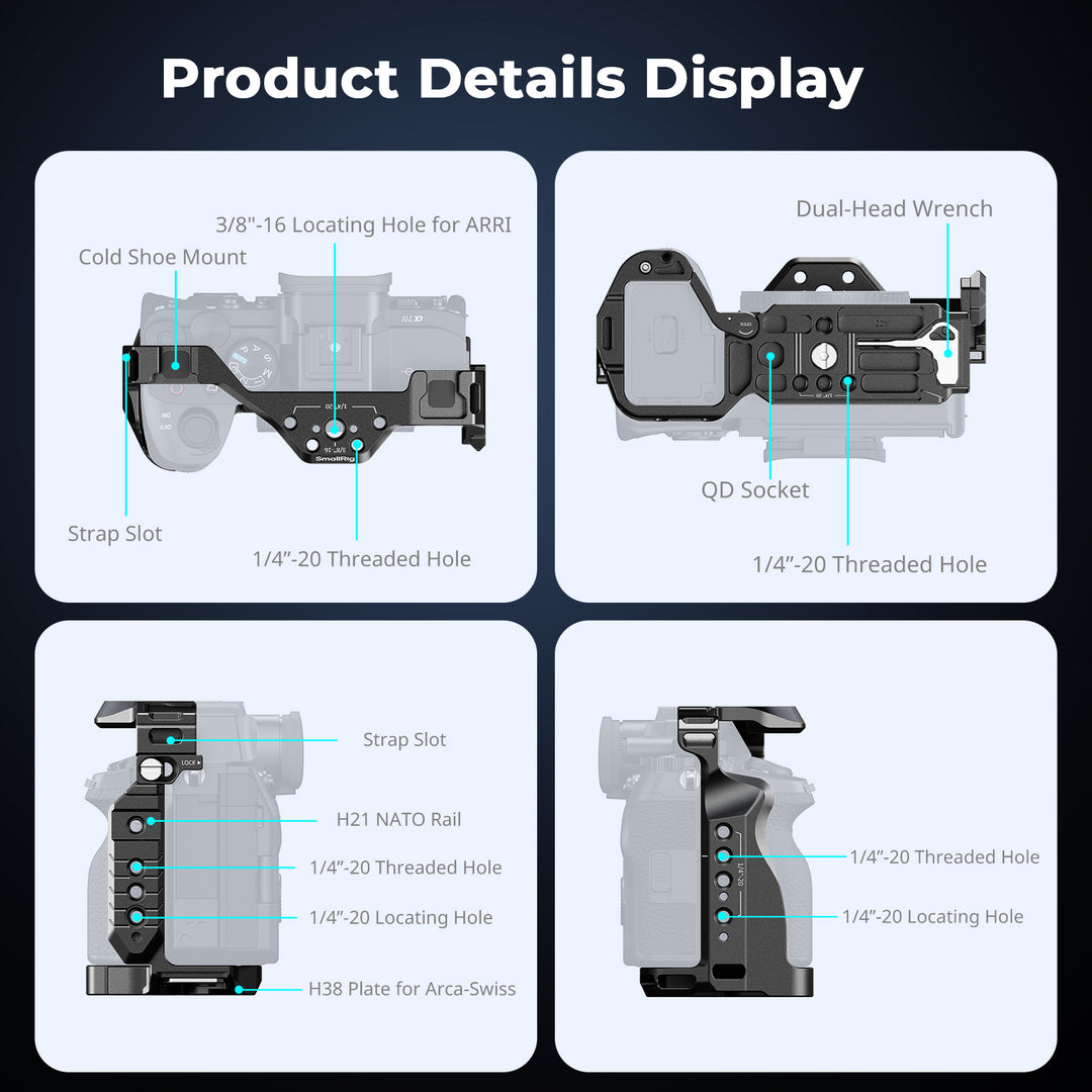 Detailed mounting point diagram showing 1/4"-20 and ARRI 3/8"-16 threads, NATO rail, QD socket, and Arca-Swiss plate on SmallRig Sony cage.