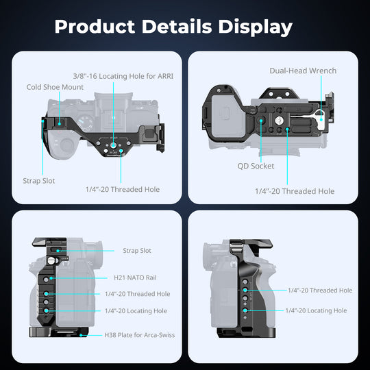 Detailed mounting point diagram showing 1/4"-20 and ARRI 3/8"-16 threads, NATO rail, QD socket, and Arca-Swiss plate on SmallRig Sony cage.