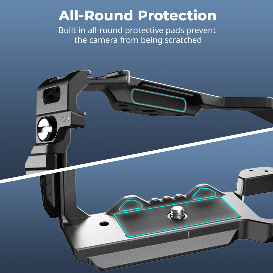 Diagram highlighting built-in silicone protective pads inside the SmallRig camera cage to prevent camera scratching.