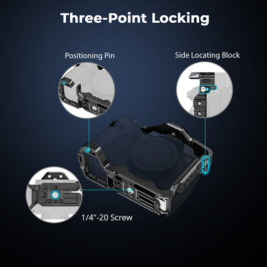 Diagram illustrating SmallRig three-point locking mechanism using a 1/4"-20 bottom screw, positioning pin, and side locating block.